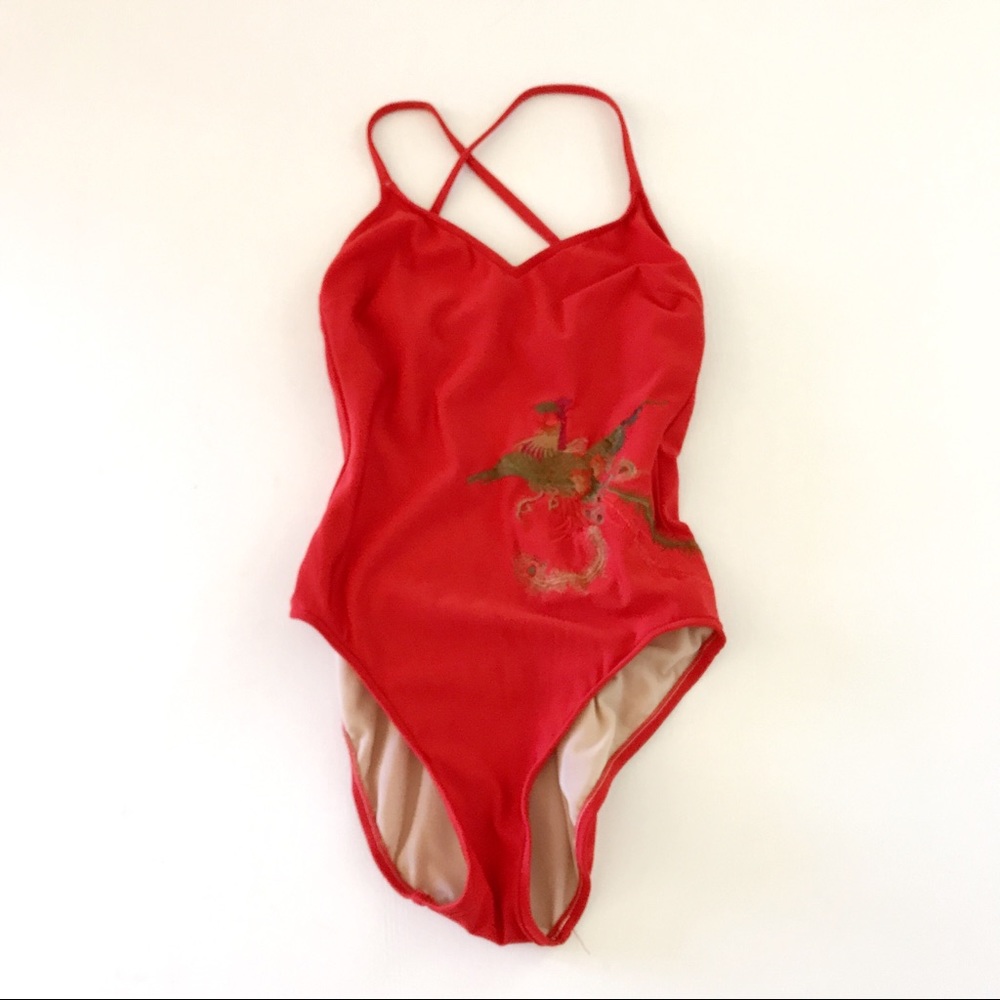 DKNY Red One-Piece Swimsuit w/ Embroidered Phoenix